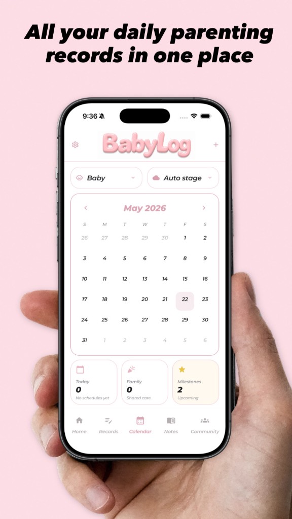BabyLog Calendar — all your daily parenting records in one place, May plans and summaries