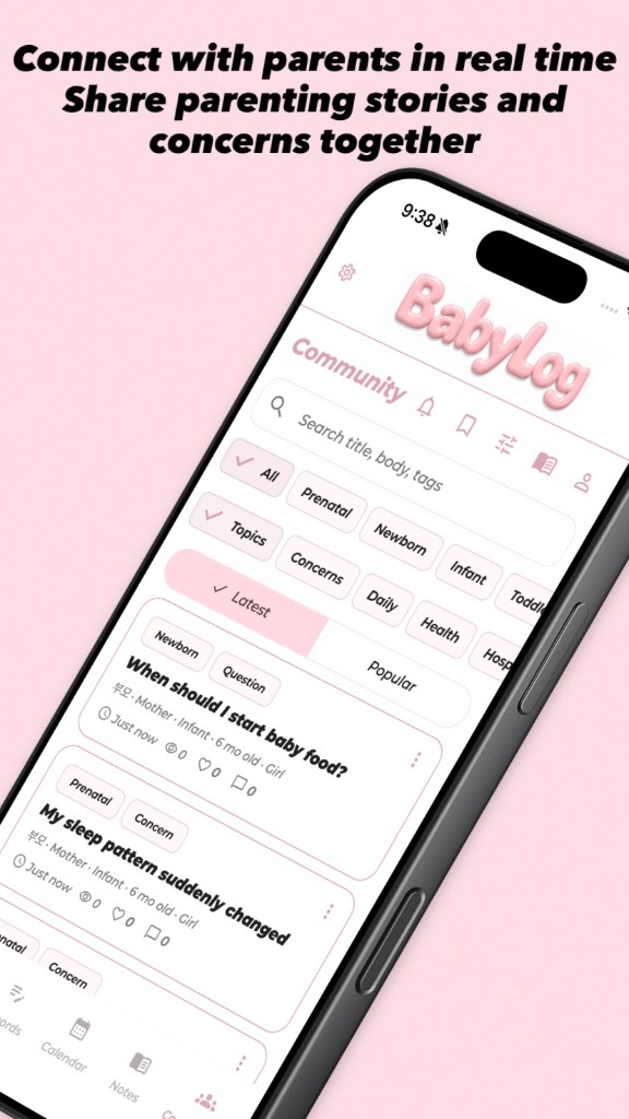 BabyLog Community — connect with parents in real time; share stories and concerns