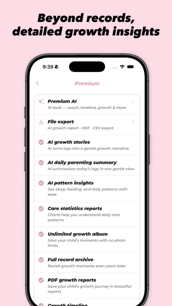 BabyLog Premium — beyond records, detailed growth insights and AI tools