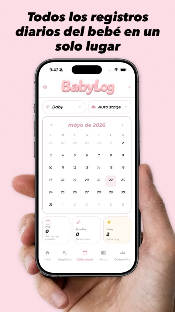 BabyLog calendario — Todos los registros diarios del bebé en un solo lugar, mayo de 2026