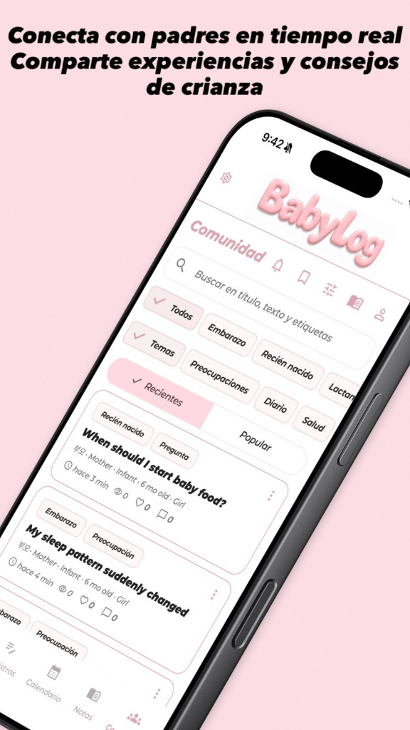 BabyLog comunidad — Conecta con padres en tiempo real, comparte experiencias