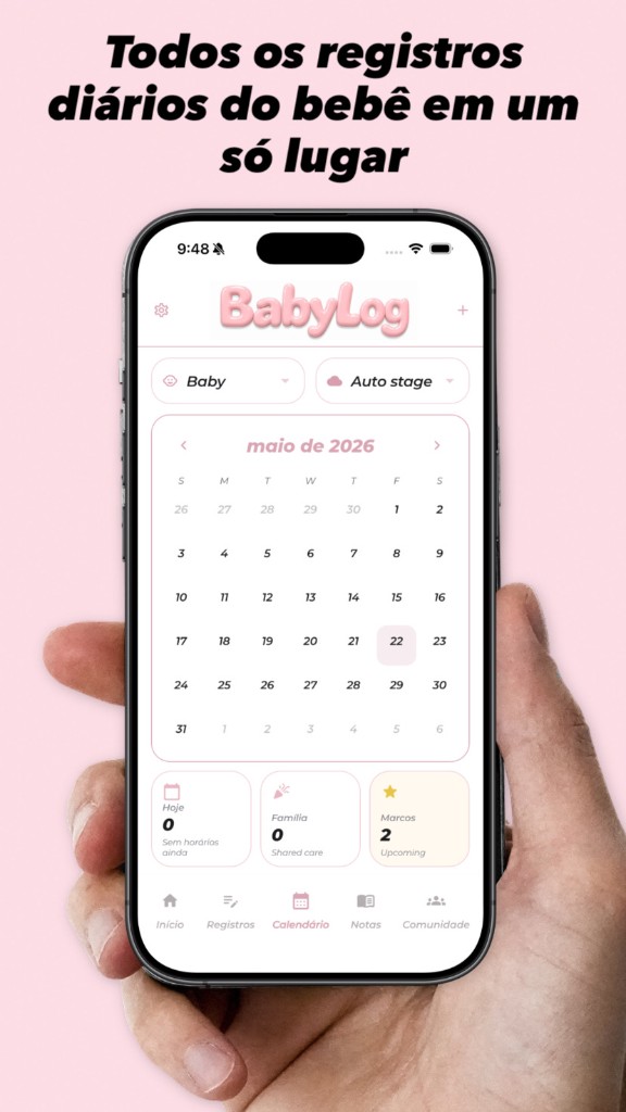 BabyLog calendário — Todos os registros diários do bebê num só lugar, maio 2026 e resumos