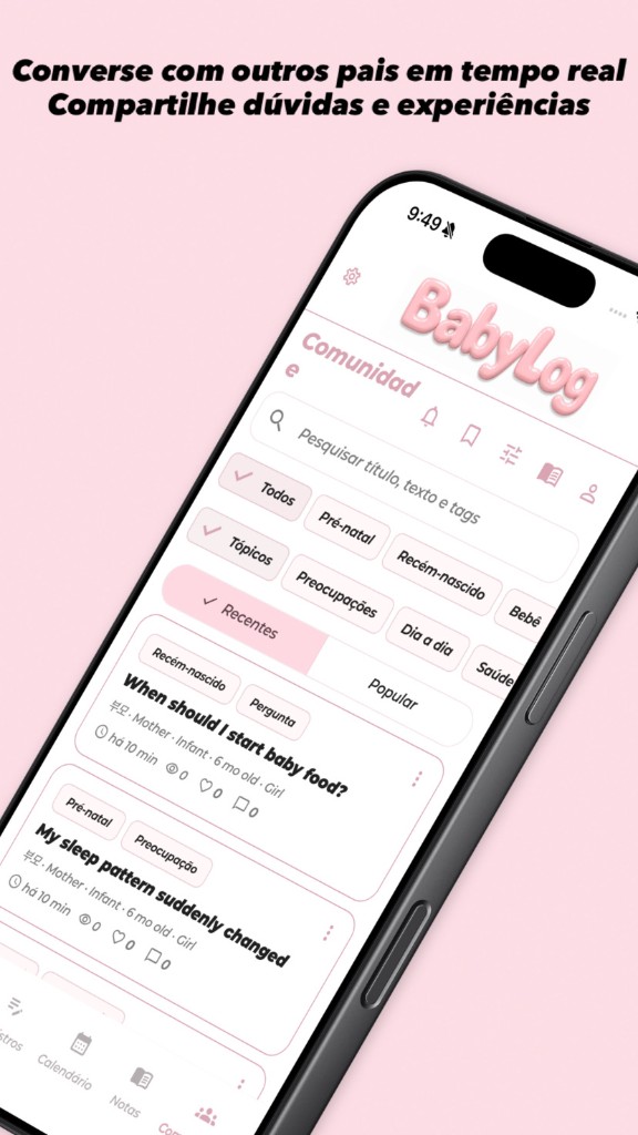 BabyLog comunidade — Converse com outros pais em tempo real, partilhe dúvidas e experiências