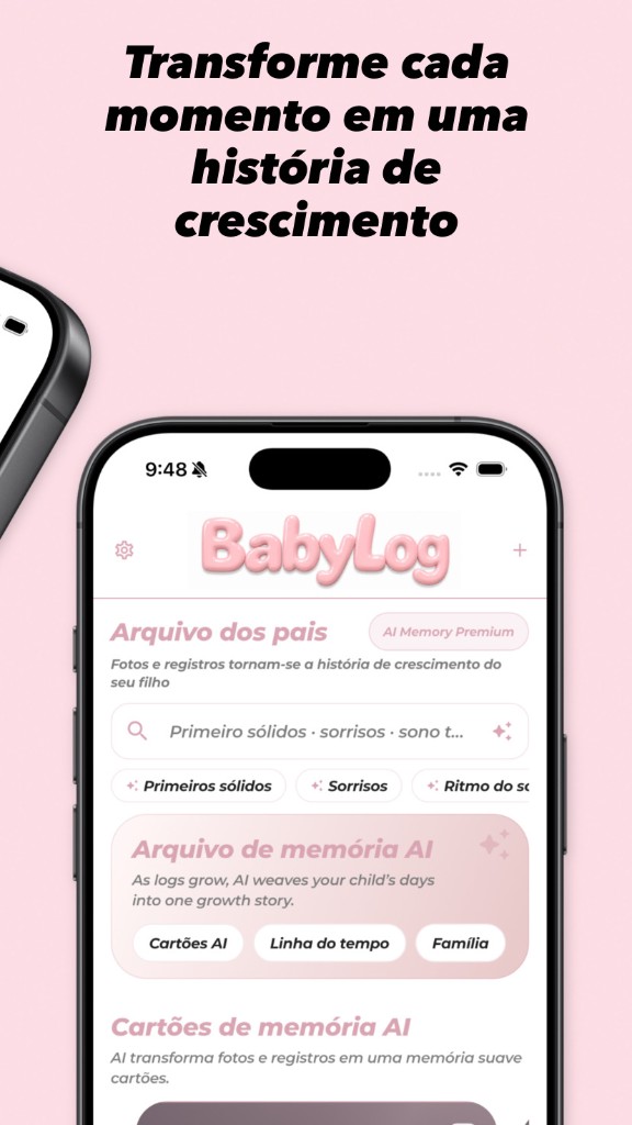 BabyLog arquivo dos pais — Transforme cada momento numa história de crescimento, arquivo de memória IA
