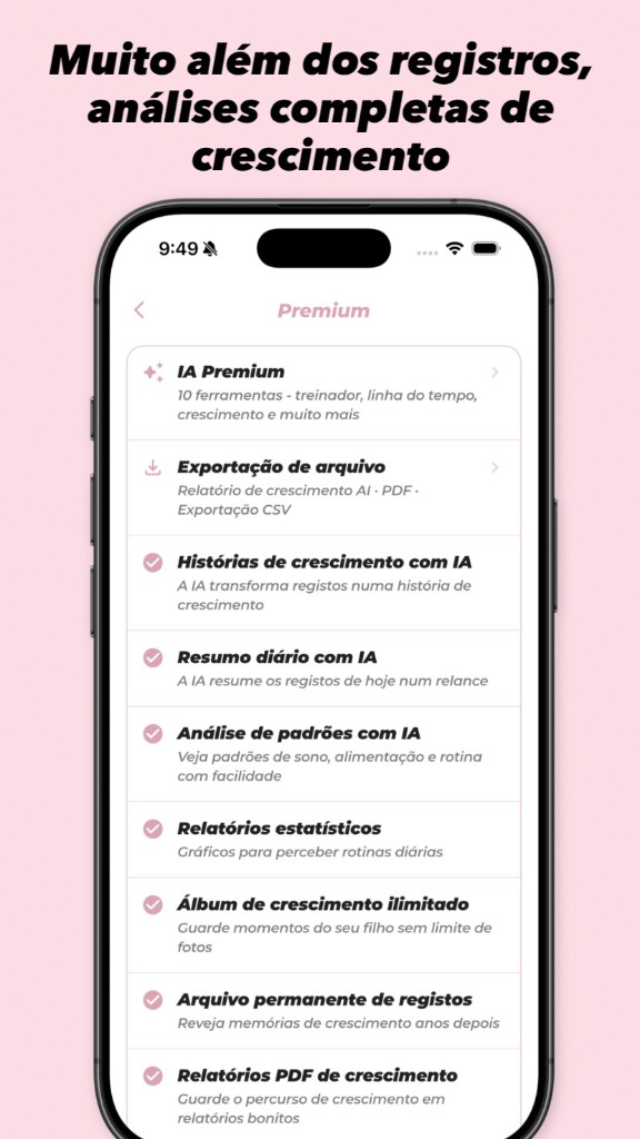 BabyLog Premium — Muito além dos registros, análises completas de crescimento e IA