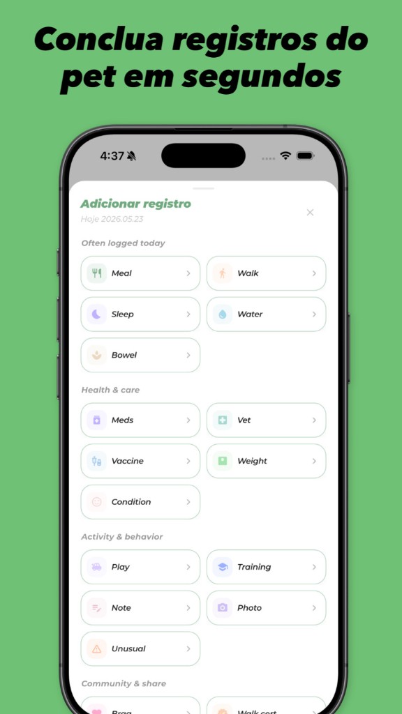 PetLog Adicionar registro — Conclua registros do pet em segundos