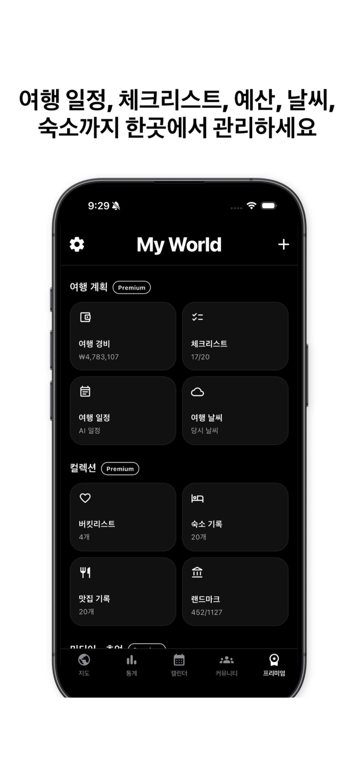 MY WORLD app — itinerary, checklist and expenses